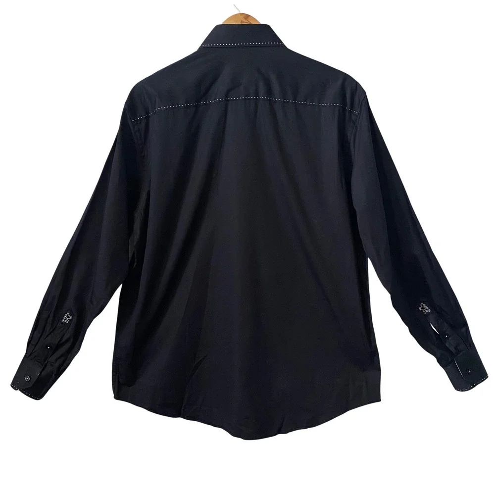 Bugatchi Men Lg Black Shaped Fit Long Sleeve Button Down Shirt Contrast Stitch